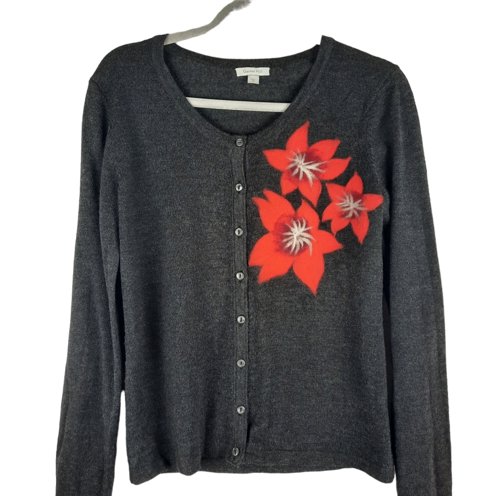 Garnet Hill Floral Button-Up Gray Merino Wool Cardigan Sweater